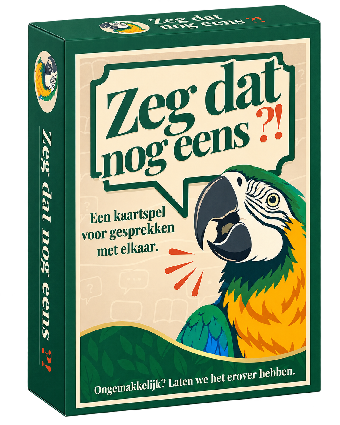 De nieuwe groene verpakking van het kaartspel Zeg dat nog eens?!