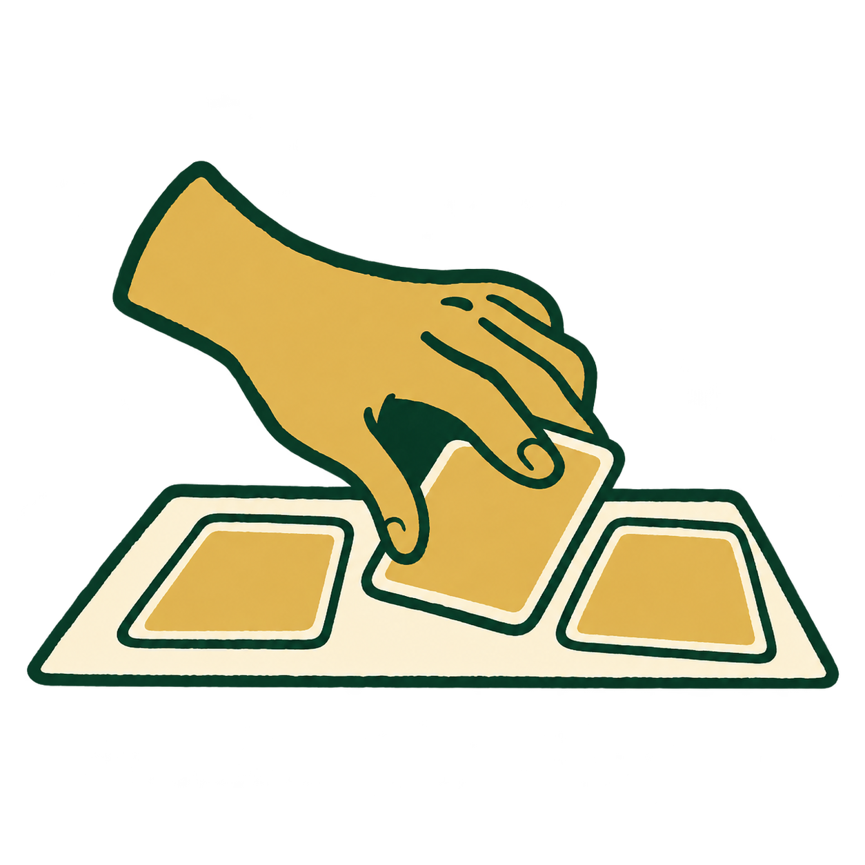 Een hand legt de kaarten open op tafel